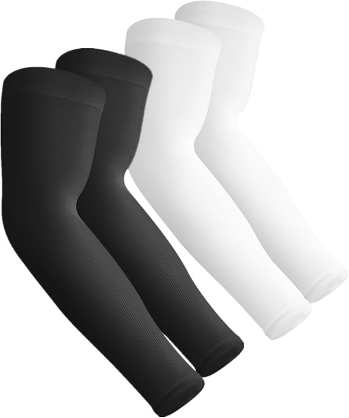 Image of various arm sleeves displayed, showing different colors and designs. The sleeves are designed to fit snugly on the arms and provide coverage and support.