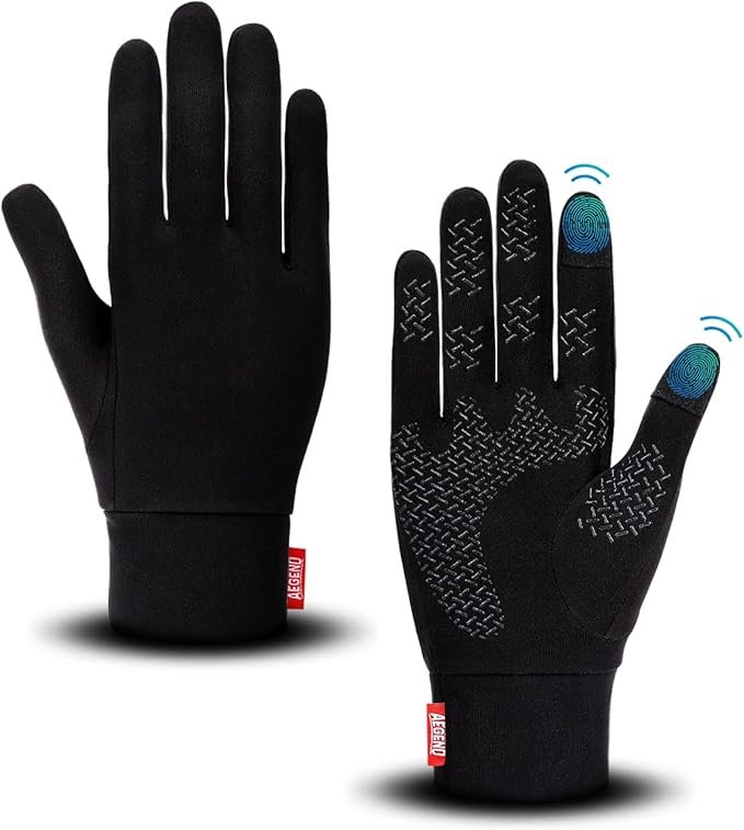 "Close-up of a pair of running gloves with a snug fit, designed for warmth and grip. The gloves are made of a stretchy, breathable fabric with a reflective logo on the back, and have reinforced palms for better handling. The image highlights the gloves' sleek design and functional features."