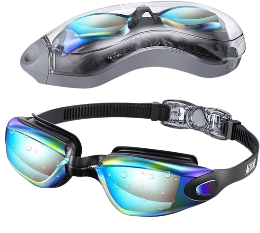 A pair of swimming goggles with a sleek, curved design, featuring clear lenses and an adjustable strap. The goggles are set against a plain background, highlighting their streamlined shape and soft silicone padding for a snug, comfortable fit.