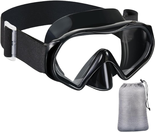 A close-up image of a scuba snorkeling mask, featuring large, clear lenses and a flexible silicone frame. The mask includes adjustable straps and is designed to fit securely around the head, providing a watertight seal. The lenses are slightly curved for a wide field of vision, and the overall design emphasizes comfort and durability for underwater use.