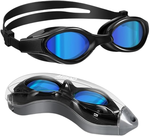 A pair of swimming goggles with clear lenses, adjustable straps, and a sleek, curved design to fit comfortably around the eyes. The goggles are set against a plain background, highlighting their simple yet functional style.