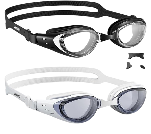 Two pairs of swimming goggles, each with a sleek design and adjustable straps, lying side by side on a smooth surface. One pair is black with tinted lenses, and the other is blue with clear lenses.