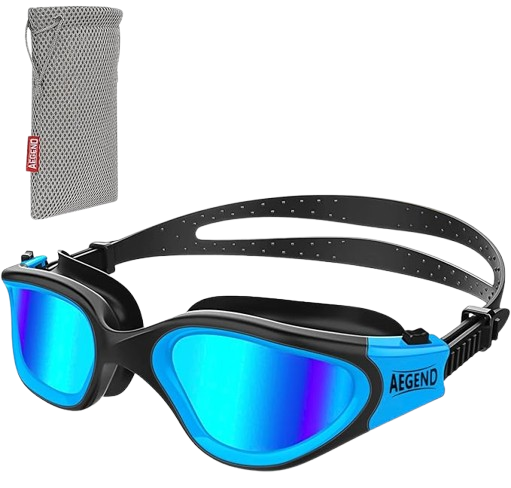 A pair of swimming goggles with clear lenses and adjustable straps, designed to provide eye protection while swimming. The goggles feature a sleek, curved shape with a snug fit around the eyes, preventing water from leaking in.