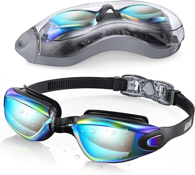 Two swimming goggles placed side by side, one with blue-tinted lenses and the other with clear lenses. Both goggles feature adjustable straps and cushioned eye seals.